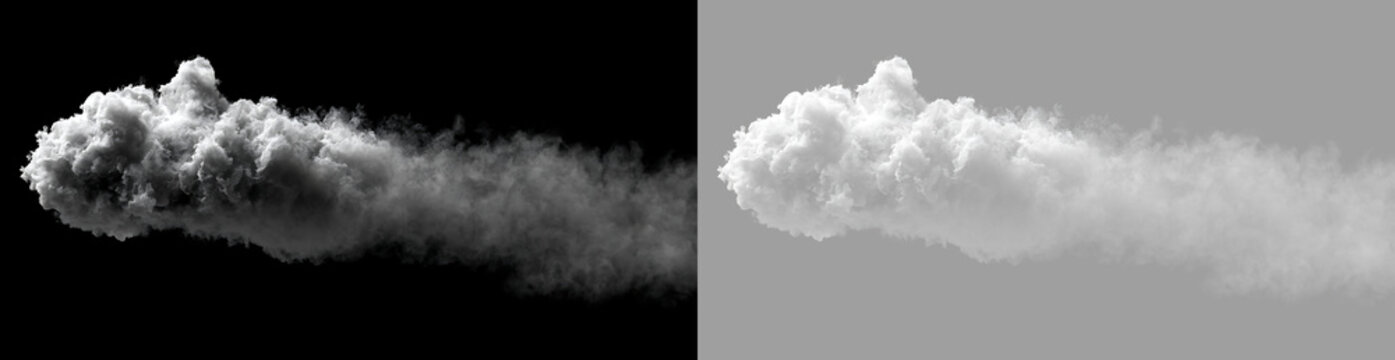 Isolated white cloud formation on black and transparent background. Realistic cumulus cloud element for digital compositing