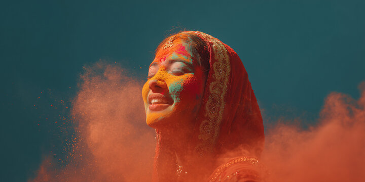 A joyful woman celebrates with vibrant colors during a festival, her face painted in a kaleidoscope of hues. She is surrounded by swirling clouds of colored powder.