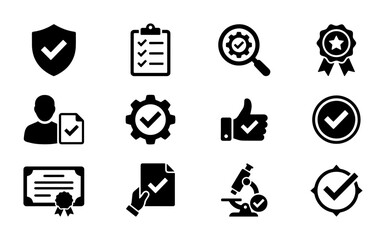 Obraz premium Quality Assurance Icons Set, Verification Symbols Vector Collection, Approved Checklist & Certificate Graphics, Business Success & Compliance Icons