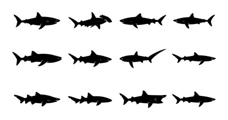 Shark Silhouettes Vector Pack: Diverse Marine Predator Poses, Ocean Wildlife Icons, Aquatic Animal Graphics for Design © Mamun