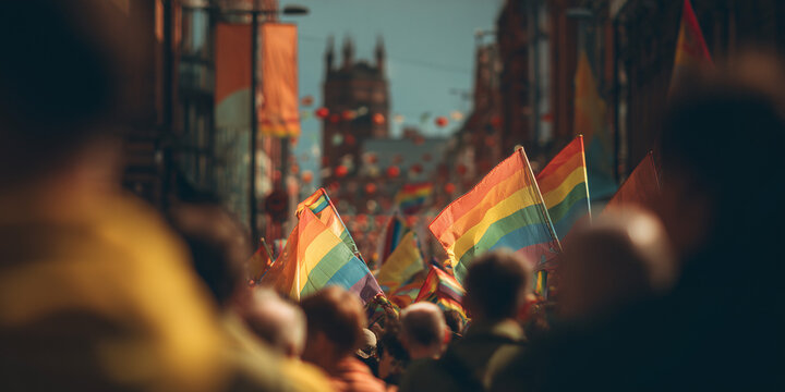 A vibrant Pride parade with rainbow flags held aloft amidst a cheering crowd, celebrating diversity and inclusion. The blurred background suggests an urban setting with banners and architecture
