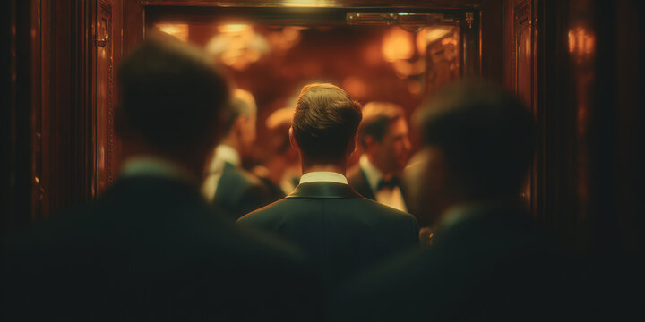 A group of men in formal attire, seen from behind, enter an elevator with mirrored walls reflecting warm, ambient light. The scene evokes an atmosphere of sophistication and mystery.