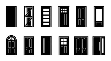Fototapeta premium Collection of 12 Diverse Door Icons, Vector Graphics for Architecture and Design Projects, Entrance and Exit Symbols