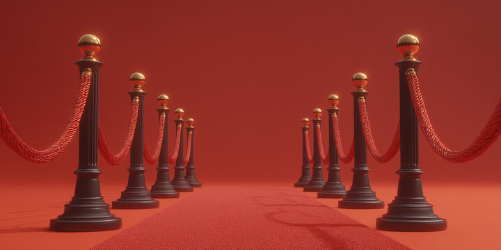 A luxurious red carpet entrance with velvet ropes and stanchions, inviting guests to a grand event