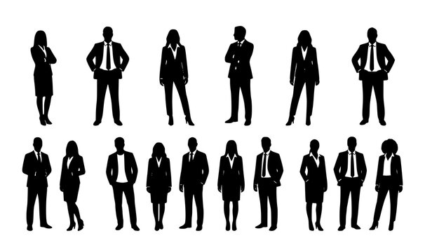 Business people silhouette vector set with corporate professional group in formal suits standing on white background
