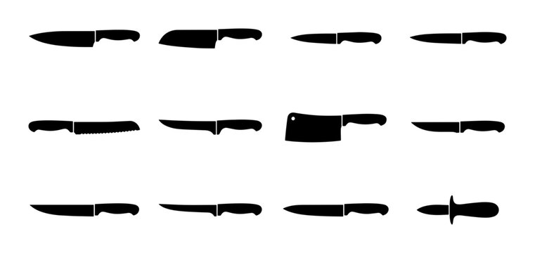 Kitchen Knife Set Vector Icons, Culinary Tools Collection, Chef Knives Silhouettes, Food Preparation Utensils, Black and White Graphics