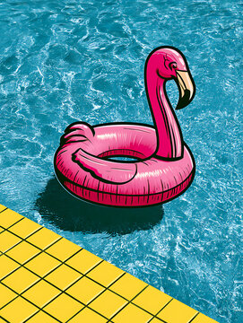 A real swimming pool, A two-dimensional cartoon illustration of a flamingo inflatable ring