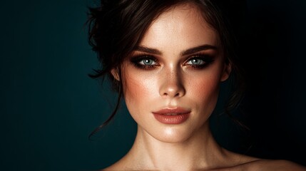 Fototapeta premium Striking portrait of a beautiful woman with intense green eyes and glamorous makeup, showcasing elegance and captivating allure