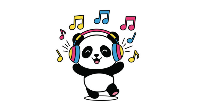 Happy cartoon panda wearing bright headphones, dancing cheerfully with colorful musical notes, a cute and joyful illustration of music enjoyment.