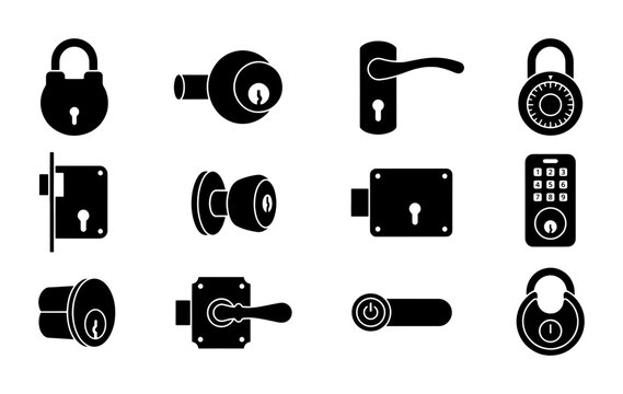 Security Hardware Icons: Padlock, Door Knob, Deadbolt, Combination Lock, Smart Lock, Lever Handle, Vector Set for Access Control and Safety