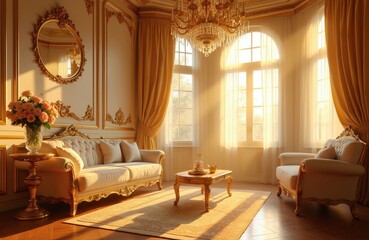 Fototapeta premium Luxury living room interior features golden baroque wall decor, elegant furniture sets. Sunset light shines through arched windows illuminating soft sofa cushions, crystal chandelier. Ornate mirror