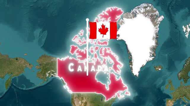 Animated 3D Satellite Map Zoom of Canada with Waving National Flag Pin and Glowing White Territory Borders
