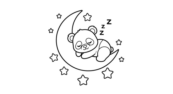 Cute baby panda sleeping on a crescent moon surrounded by stars, black and white illustration, perfect for children's books and nursery decor.