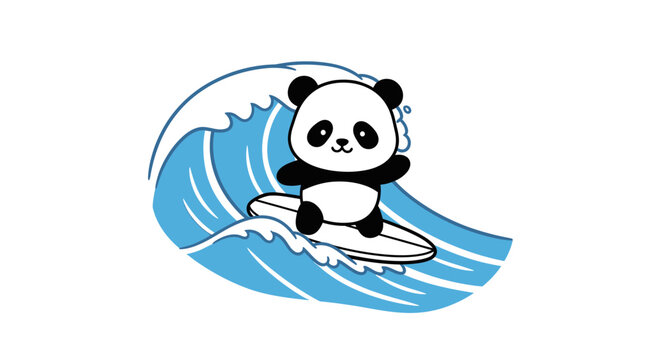 Cute cartoon panda character surfing on a big blue ocean wave, a fun and adorable illustration perfect for summer designs and kids.