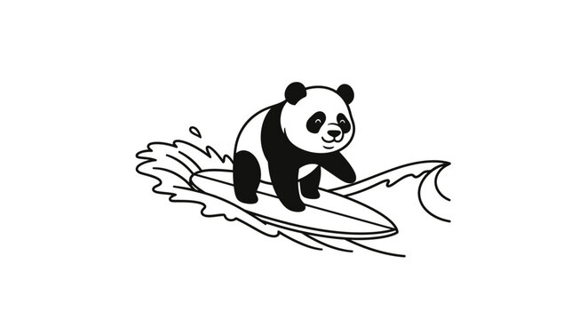 Cute cartoon panda bear surfing on a surfboard, riding a wave, black and white line art illustration, fun and playful