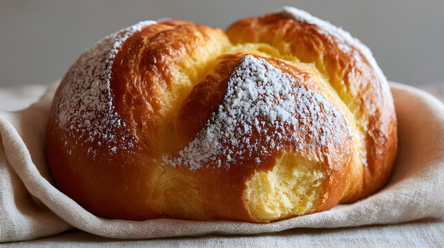 Freshly baked sweet bread or brioche dusted with powdered sugar on a rustic linen cloth. Close-up of homemade golden pastry, baking and comfort food concept.