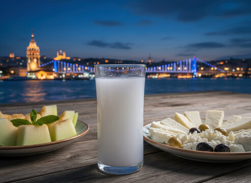 Traditional Turkish rakı served with assorted meze and white cheese by the Bosphorus at night, celebrating authentic Turkish dining culture and social gatherings.