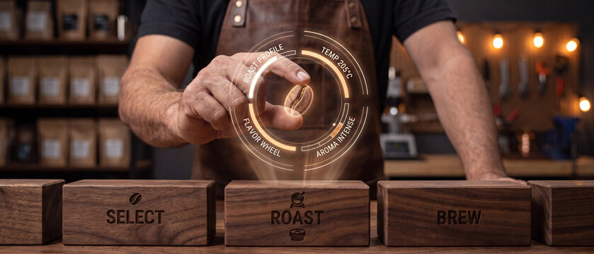 Barista interacting with a futuristic holographic interface to analyze and roast coffee beans in a professional workshop
