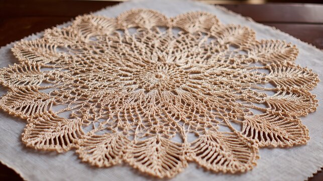 Delicate handmade doily showcasing intricate crochet lace pattern on rustic wooden surface, a vintage craft aesthetic