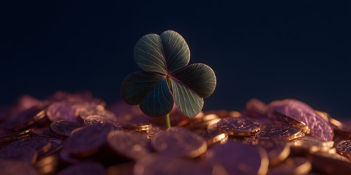 A four-leaf clover rests atop a pile of golden coins, symbolizing luck and fortune. The scene is dimly lit, creating a sense of mystery and anticipation