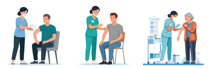 Fototapeta premium Nurses vaccinating patients, giving flu shot and coronavirus vaccine to diverse people in flat vector illustration style