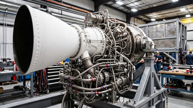 Rocket Engine Assembly and Testing in Industrial Workshop