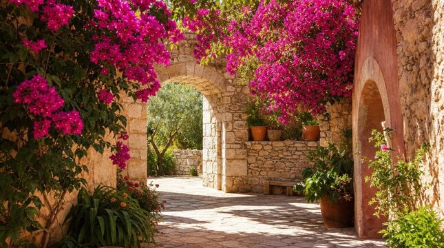 A sunlit stone courtyard with arched passages and vivid pink bougainvillea creates an inviting setting for travel, garden, and hospitality promotions.