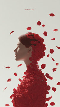 A woman adorned in red rose petals, surrounded by a flurry of floating petals. The image captures a serene and artistic portrait, evoking themes of beauty and romance