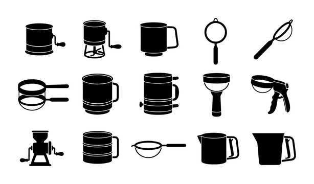 Kitchen Gadgets Collection, Vintage Baking Tools Set, Retro Cooking Utensils Vector Icons, Sieve, Grinder, Measuring Cup, Whisk