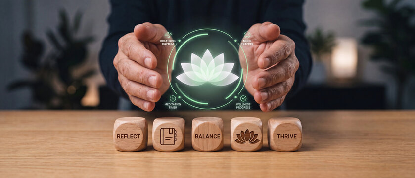 Wellness and mindfulness concept with a person holding a glowing lotus digital interface above wooden blocks with icons