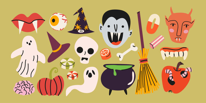 Spooky and funny Halloween elements set. Cute autumn holiday icons including vampire, ghost, witch hat, broom, skull, pumpkin, devil, vampire teeth and candies. Happy Halloween cartoon stickers