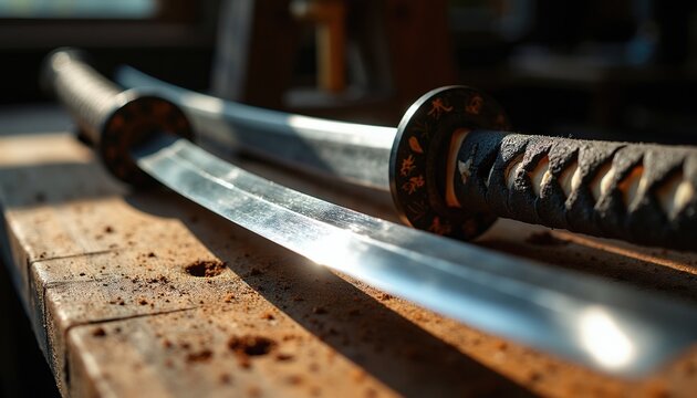 Close up view of sharp steel katana swords resting on wooden table. Traditional Japanese blades with detailed dark handles, metal guards. Ancient samurai equipment for martial arts practice. Vintage