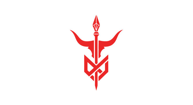 Red geometric spear icon with tribal symbolic elements.