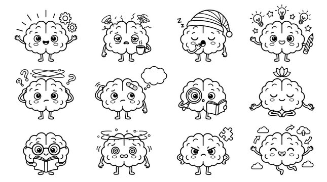 Set of expressive brains with diverse emotions and actions in simple outline style, mental health awareness, emotional intelligence, cognitive