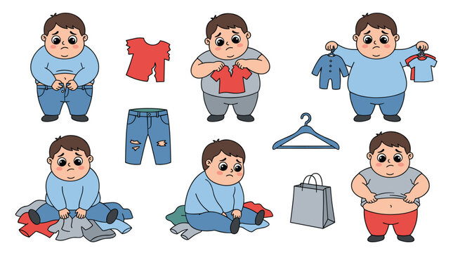 Set of sad overweight person illustrations struggling with clothing size, body image issues, diet frustration, self-esteem challenges, lifestyle