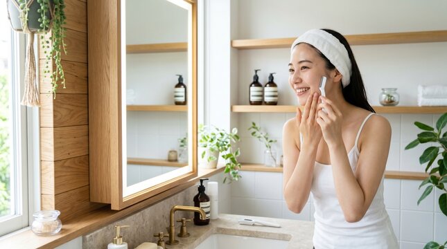 洗面台で鏡を見ながら顔剃り・うぶ毛ケアをする笑顔の若い女性