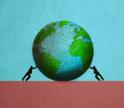Illustration of two men pushing planet Earth against each other