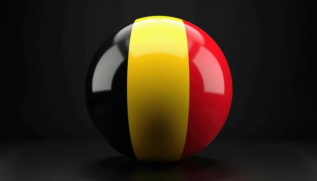 Glossy 3D sphere with Belgian flag colors black yellow red on dark background. Shiny ball represents national identity pride, country unity. Round graphic design object features vertical tricolor