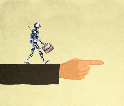 Illustration of humanoid robot carrying briefcase along large pointing arm