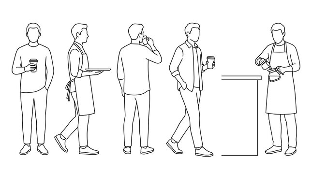 Set of human scale silhouettes in dashed line style for architectural visualization, busy people activities, office lobby scene, commercial layout