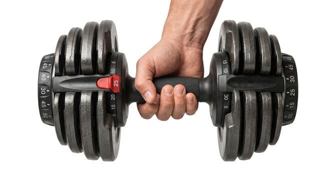 Adjustable dumbbell held in a hand for strength training and fitness workouts