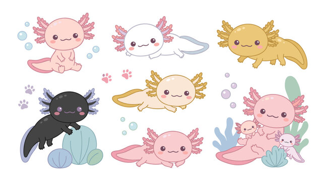 Set of cute axolotl characters in various poses with bubbles and underwater elements, vector illustration for nursery decor, stickers, stationery