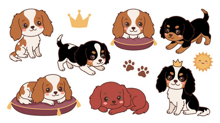 Naklejka premium set of cavalier king charles spaniel dogs in various poses with crown and sun, delightful puppy illustrations for pet lover projects