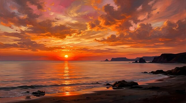 A dramatic painted sunset glows over a calm ocean shoreline with rocks, cliffs, and vivid clouds, suited for travel posters or coastal decor.
