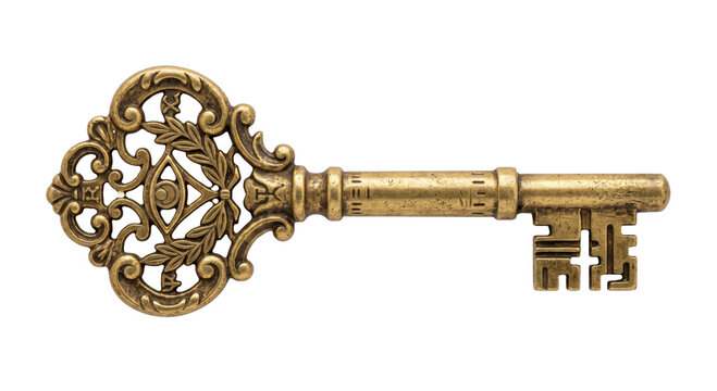 Antique ornate brass key with intricate detailing and a vintage feel