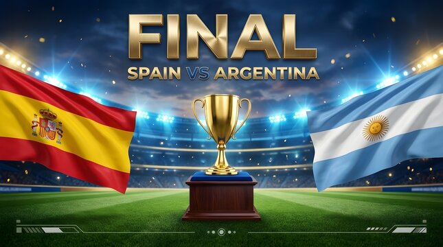 Final match between spain and argentina with a golden trophy in a stadium