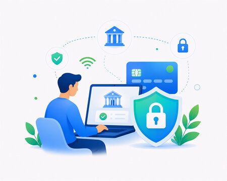 Secure Online Banking Human Icon with Shield and Lock Illustration