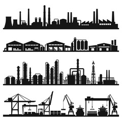 Obraz premium Set of industrial silhouettes featuring manufacturing plants, oil refineries, warehouse buildings, and cargo port machinery, perfect for
