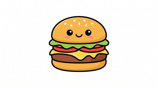 ​A cute and colorful kawaii-style hamburger illustration isolated on a white background. 