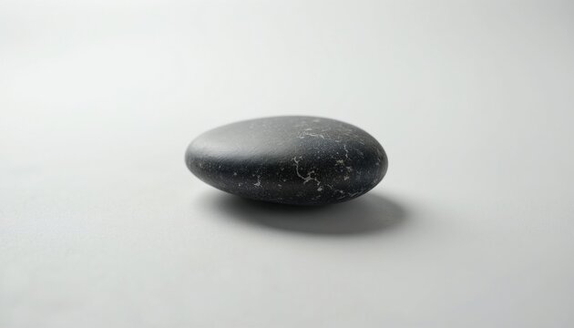 Smooth black stone sits on white background. Minimalist round pebble features fine grey texture with dark natural surface. Still life object represents zen meditation wellness therapy concept. Simple